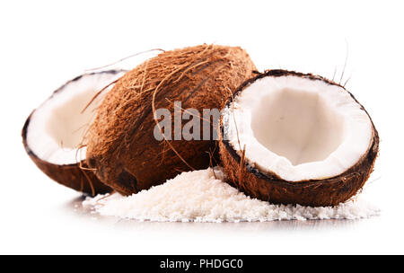 Composition with shredded coconut and shells isolated on white background Stock Photo