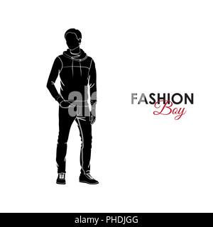 Fashionable guy. Fashion. Silhouette of a guy. The guy in jeans and jamper Stock Vector