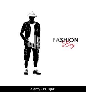 Fashionable guy. Fashion. Silhouette of a guy. A guy in a T-shirt, shirt, cork cap and shorts with pockets Stock Vector