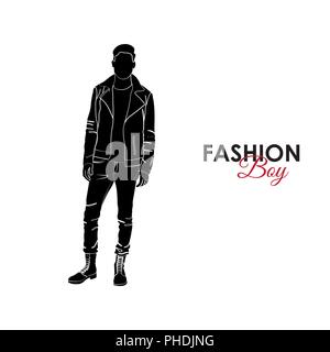 Fashionable guy. Fashion. Silhouette of a guy. The guy in jeans, turtles and leather scythe Stock Vector