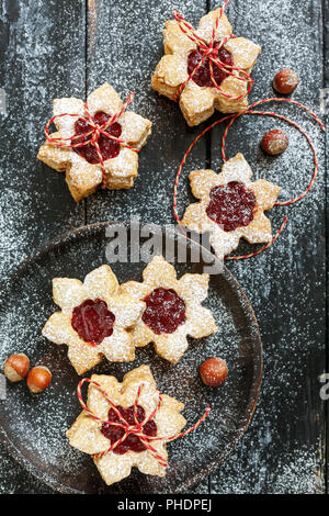 Traditional linzer cookies with berry jam. Stock Photo