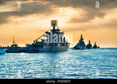 Military navy ships in a sea bay Stock Photo