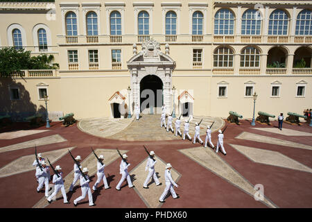 AERIAL VIEW from a 6-meter mast. Changing of the guard in front of the Prince's Palace of Monaco. Monaco-Ville, Principality of Monaco. Stock Photo