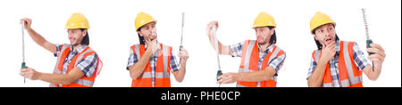 Construction worker with tape-line isolated on white Stock Photo