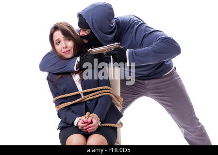 Kidnapper with tied woman isolated on white Stock Photo