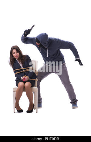 Kidnapper with tied woman isolated on white Stock Photo