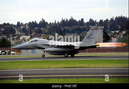 An Oregon Air National Guard F-15C Eagle takes off from the Portland Air National Guard Base Oct. 2, 2010. Stock Photo