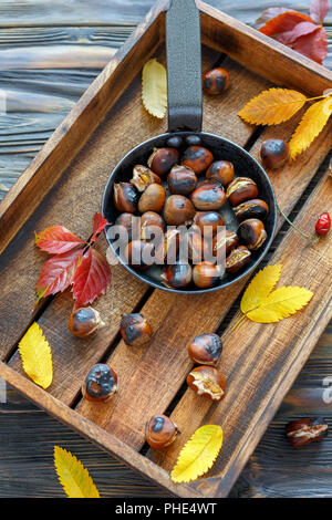 Delicious roasted chestnuts in a cast iron skillet. Stock Photo