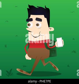 Schoolboy holding smartphone with blank white screen. Vector cartoon character illustration. Stock Vector