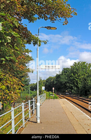 A Way Out sign on a platform at the unmanned railway station at North Walsham, Norfolk, England, United Kingdom, Europe. Stock Photo