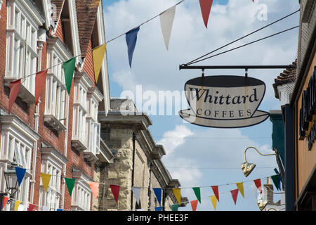 Whittard Coffees sign outside the Whittard of Chelsea tea and coffee shop in Butcher Row, Salisbury, Wiltshire, UK Stock Photo