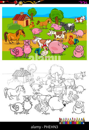 farm animals characters group coloring book Stock Photo