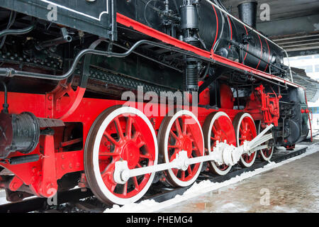 Old black steam locomotive wheels Stock Photo
