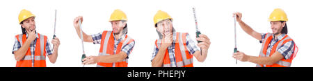 Construction worker with tape-line isolated on white Stock Photo