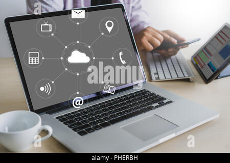 Cloud Service (Cloud Computing diagram on the new computer interface) Stock Photo