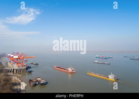 inland container terminal with yangtze river Stock Photo