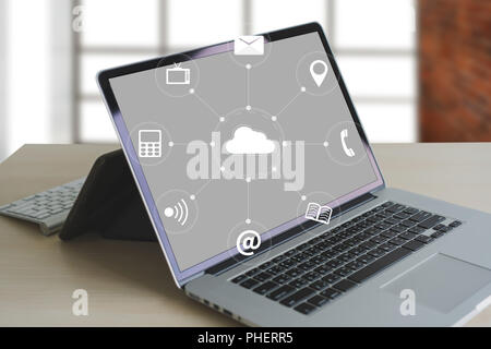Cloud Service (Cloud Computing diagram on the new computer interface) Stock Photo