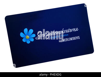 The Sweden Democrats or Swedish Democrats political party membership card front side. "Swedish: Sverigedemokraterna" Stock Photo