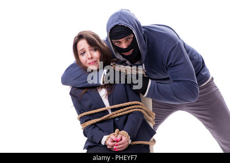 Kidnapper with tied woman isolated on white Stock Photo