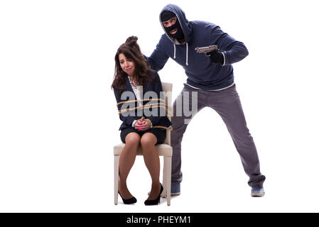 Kidnapper with tied woman isolated on white Stock Photo