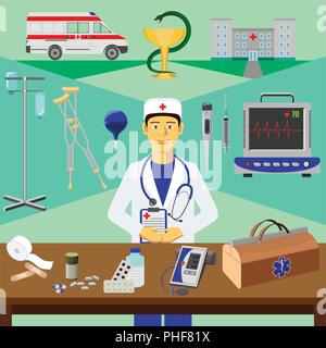 Color vector clip art. Infographics education. Profession of the doctor Stock Vector