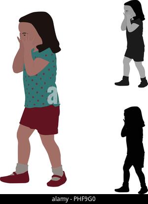 Realistic flat colored illustration of a crying girl Stock Vector