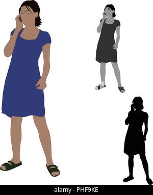 Realistic flat colored illustration of a woman talking on a mobile phone Stock Vector