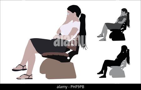 Realistic flat colored illustration of a young business woman sitting a bench in Park Stock Vector