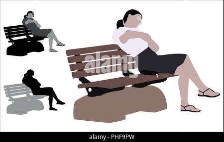 Realistic flat colored illustration of a young business woman sitting a bench in Park Stock Vector