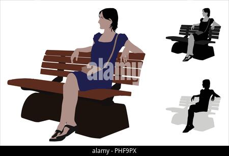 Realistic flat colored illustration of a casual woman sitting a bench in Park Stock Vector