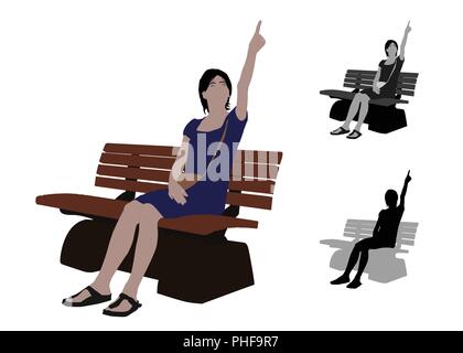 Realistic flat colored illustration of a casual woman pointing up while sitting a bench in Park Stock Vector