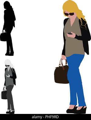 Realistic flat colored illustration of a woman walking with her mobile phone in hand Stock Vector