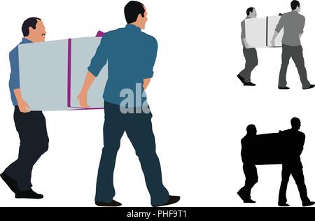 Realistic flat colored illustration of two men carrying a big box Stock Vector