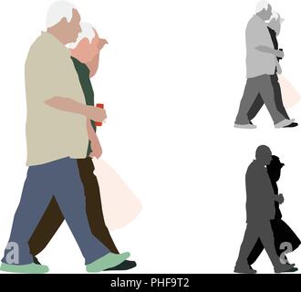 Realistic flat colored illustration of two walking old men Stock Vector
