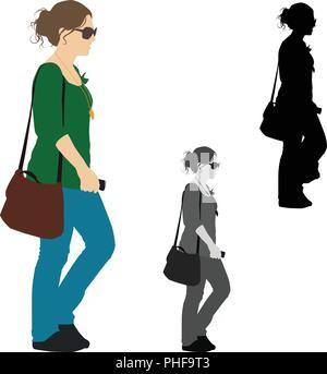 Realistic flat colored illustration of a woman walking with her mobile phone in hand Stock Vector