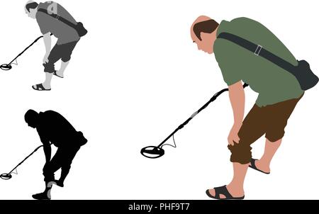 Man with shorts and slippers using metal detector on beach Stock Vector