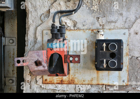Switch for a crane in an abandoned factory in Magdeburg Stock Photo