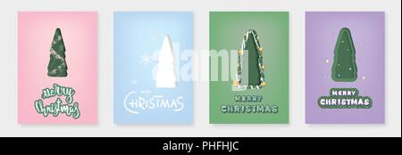 Set of Merry Christmas greeting templates. Handwritten lettering with  decorated papercut tree. Creative text with decoration for holiday design. Elem Stock Vector