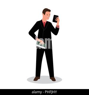 Businessman holds and looks in one hand a smartphone, and in another document. Vector illustration Stock Vector