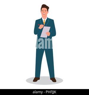 A businessman writes a pen on paper with a report (report, strategic planning, business plan). Vector illustration. Stock Vector