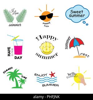 Summer labels, logos, hand drawn tags and elements set for summer holiday, travel, beach vacation, sun. Vector illustration. Stock Vector