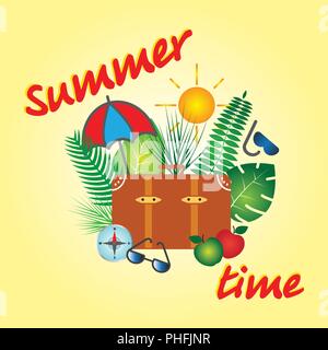 Summer time vector banner design with a suitcase and colorful beach items and recreation. Vector illustration. Stock Vector