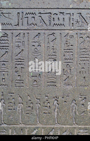 Egyptian hieroglyphs on the Sarcophagus of Nectanebo II, Egypt's last native pharaoh. British Museum, Bloomsbury, London, England, UK. Stock Photo