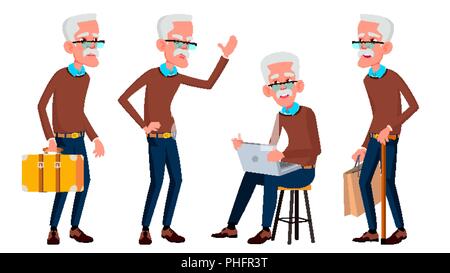 Old Man Poses Set Vector. Elderly People. Senior Person. Aged. Friendly Grandparent. Banner, Flyer, Brochure Design. Isolated Cartoon Illustration Stock Vector