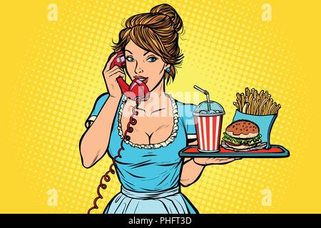 Delivery. Hotel service. Waitress. fast food on a tray. Comic cartoon pop art retro vector drawing Stock Vector