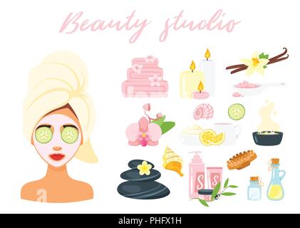 Vector cartoon style set of wellness icons. Woman avatar getting spa treatment with mask on face. Healthy lifestyle. Stock Vector