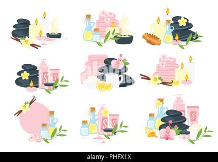 Vector cartoon style spa and wellness  elements. Template for organic cosmetics store and beauty salon logos and labels. Healthy lifestyle. Stock Vector