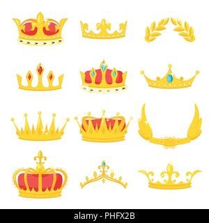 Vector cartoon style set of royal crowns. Decoration item for your selfie photo and video chat filter. Isolated on white background. Stock Vector