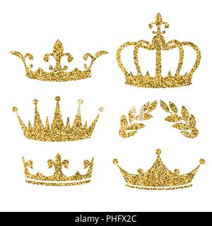 Vector cartoon style set of royal crowns  with golden glitter effect. Decoration item for your selfie photo and video chat filter. Isolated on white b Stock Vector