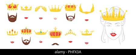 Vector cartoon style set of royal crown, beards and lips face element or carnival mask. Decoration item for your selfie photo and video chat filter. I Stock Vector